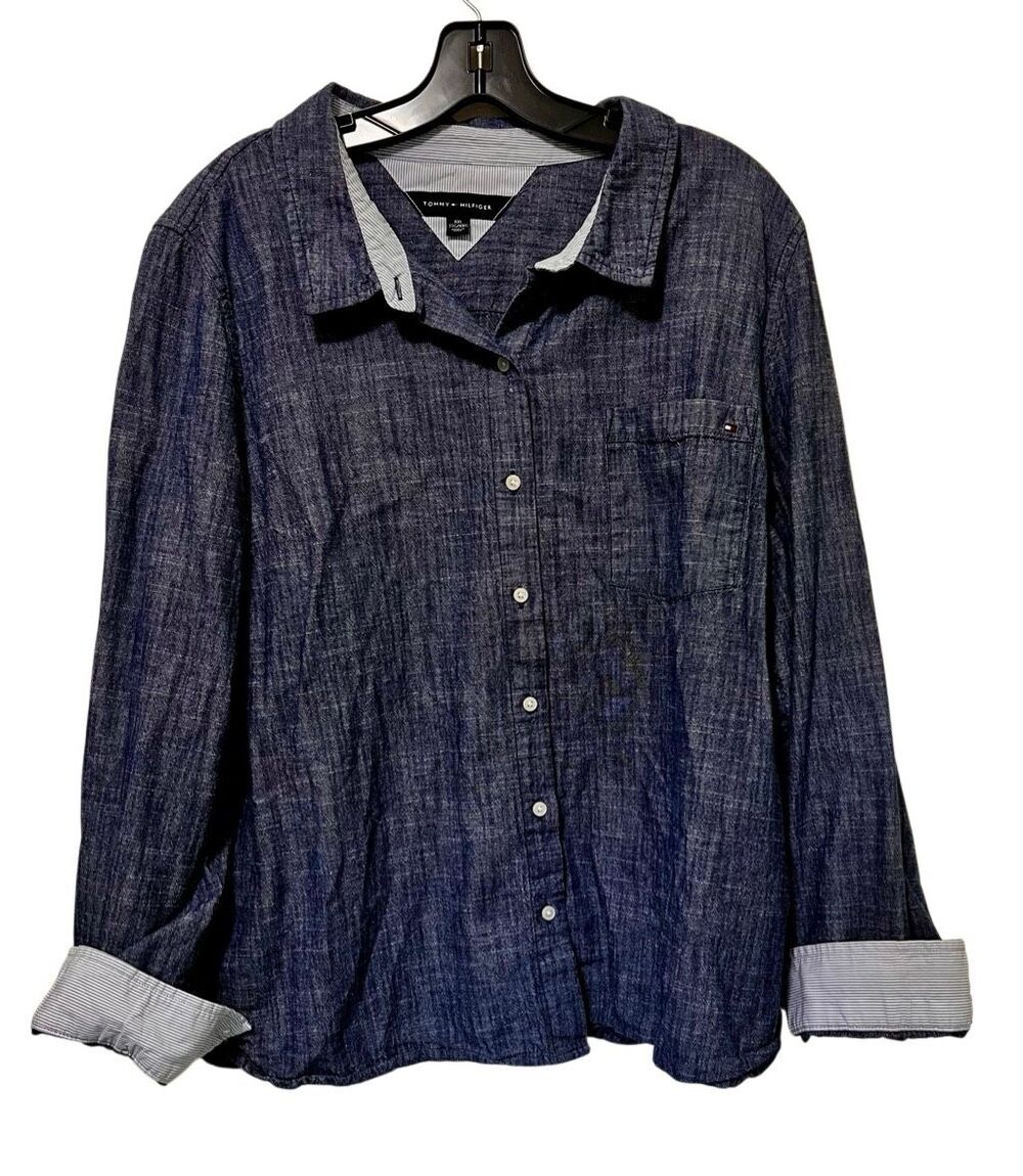 Tommy Hilfiger Chambray Button Front Shirt W Roll Tab Pinstripe Interior NWOT